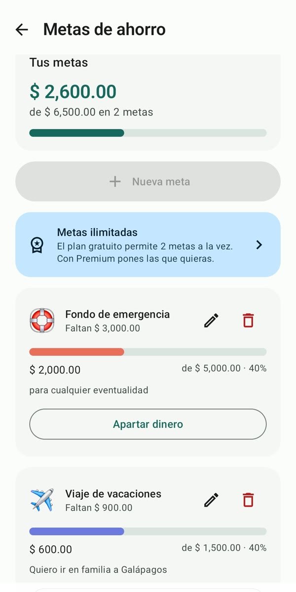 Pantalla de metas de ahorro con su progreso.