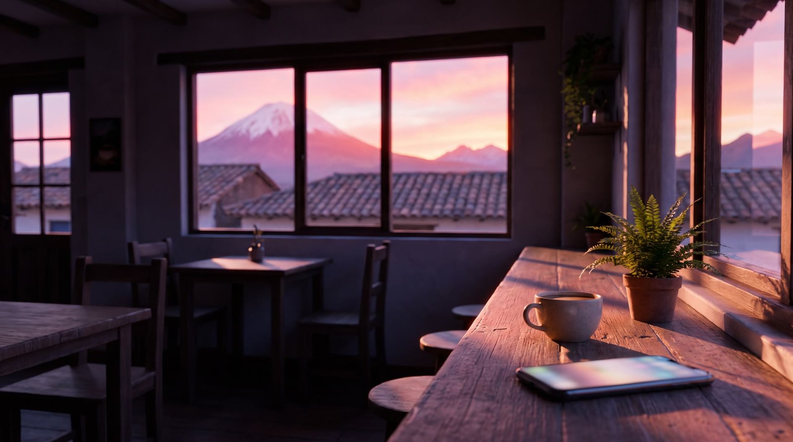 Un mostrador de cafetería al amanecer, con el volcán iluminado por la ventana.