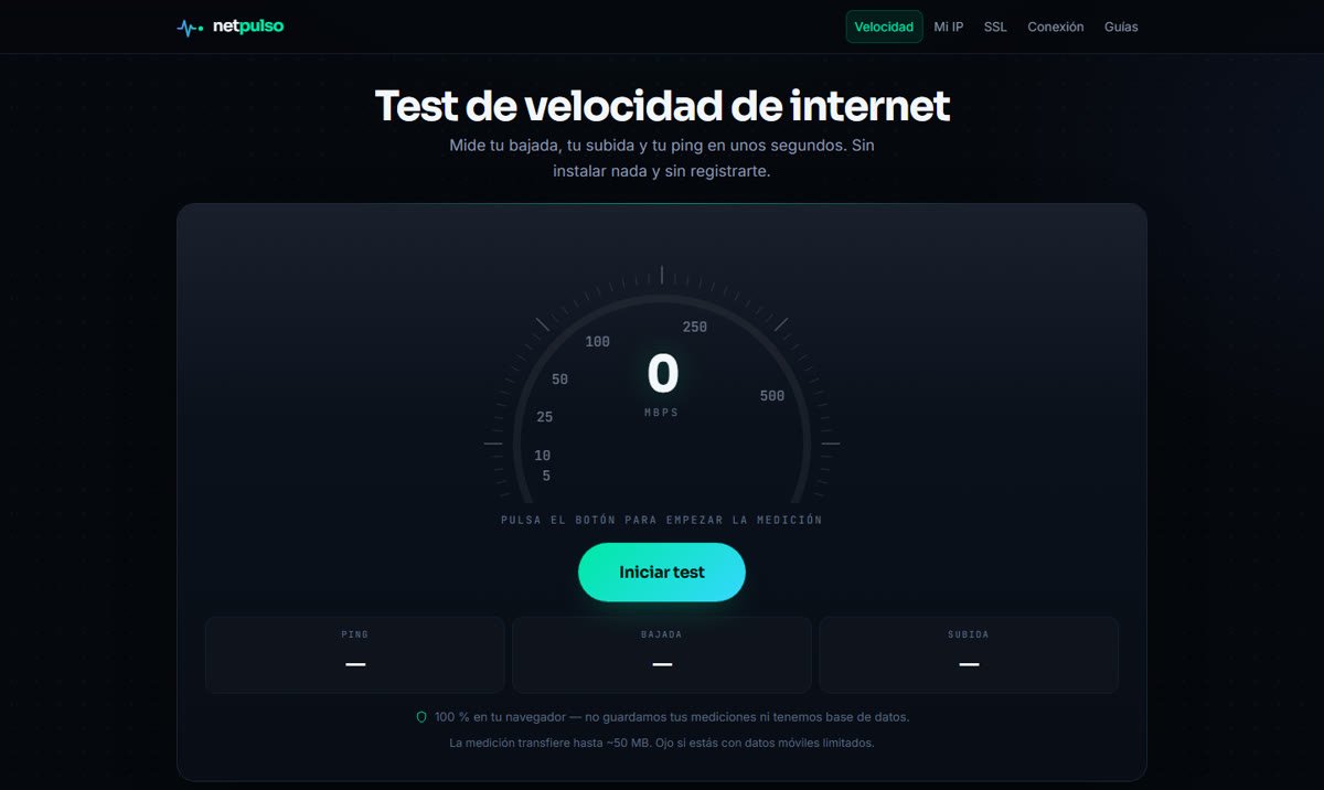 Página de inicio de NetPulso con el test de velocidad de internet.
