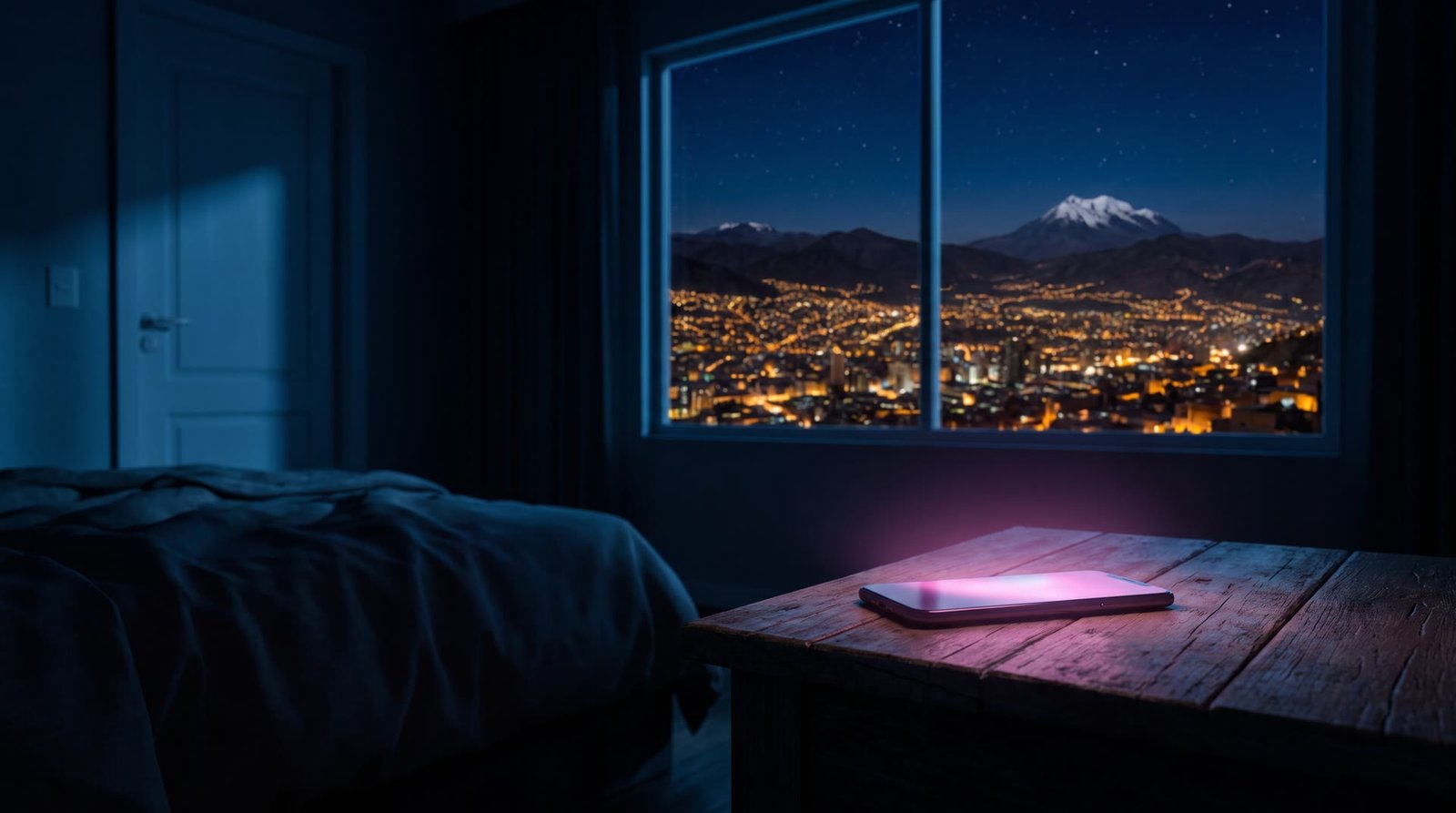 Un celular se enciende de noche sobre la mesa, con la ciudad iluminada detrás de la ventana.